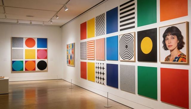 Contemporary gallery wall displaying multicolor geometric art grid with framed portrait