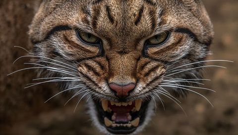 Snarling wild cat close-up showing bared teeth and intense green eyes