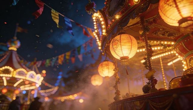 Carnival carousel lanterns casting warm glow under fluttering pennants and festive lights