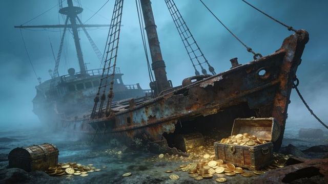 Rusted shipwreck resting on misty shoreline with open treasure chest spilling gold coins