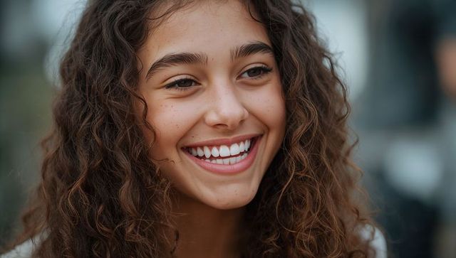 Smiling teenage girl with curly hair and freckles closeup headshot showing white teeth