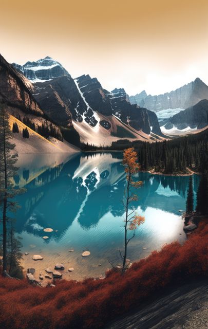 Landscape with mountains, forest and lake created using generative ai technology - Download Free Stock Photos Pikwizard.com