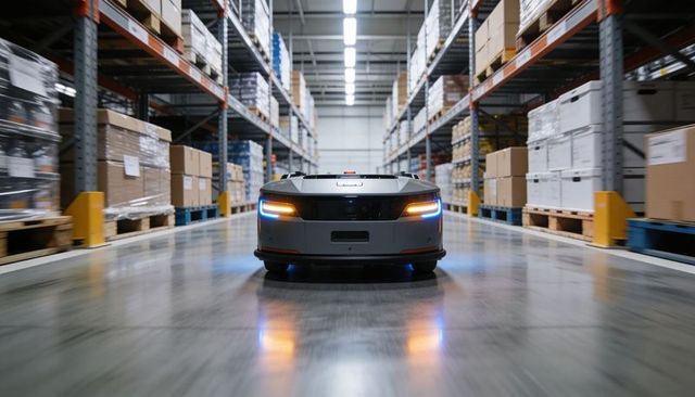 Autonomous warehouse robot navigating center aisle with glowing leds and stacked pallets