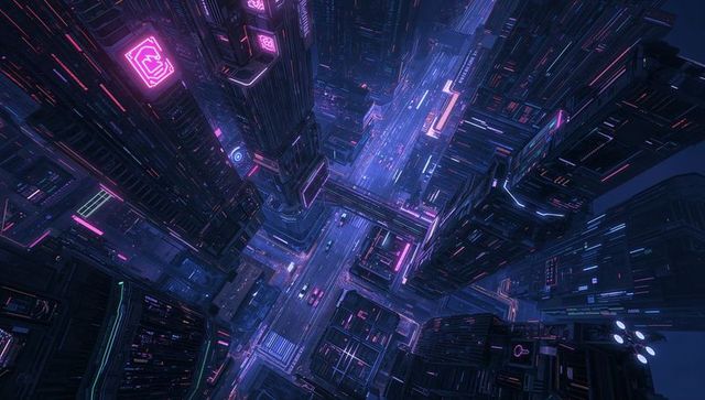 Aerial night view neon cyberpunk crossroads with overpass, moving cars and holographic ads