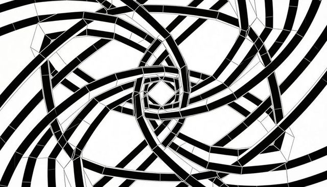 Twisting monochrome polygonal bands creating optical spiral and geometric tessellation