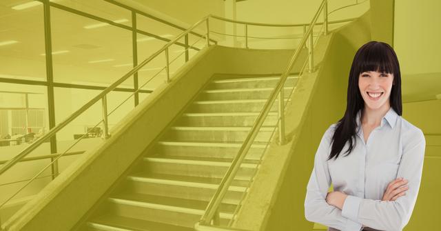 Confident Businesswoman In Front Of Office Staircase - Download Free Stock Images Pikwizard.com