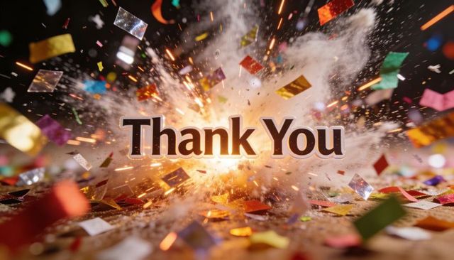 Explosive thank you celebration with glowing 3d text, foil confetti, sparks and smoke