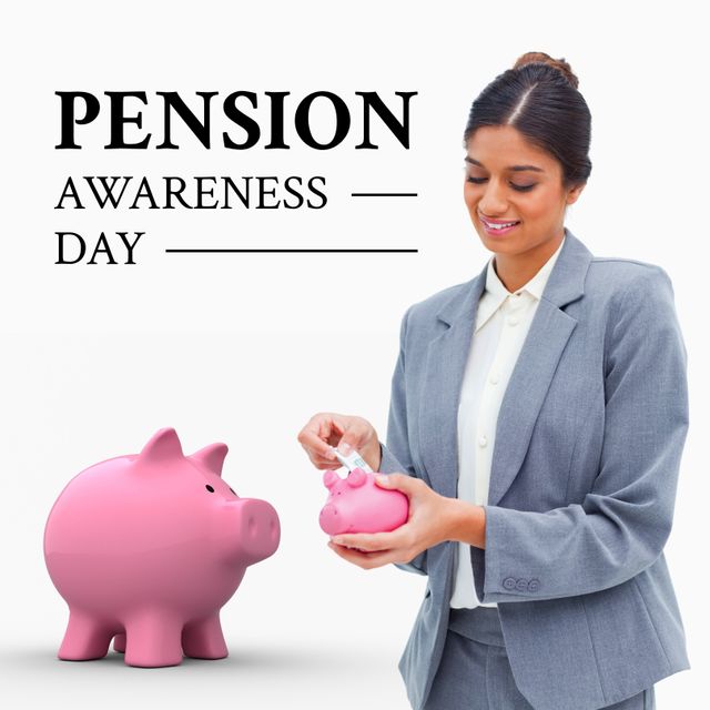 Pension Awareness Day Concept with Biracial Businesswoman Using Piggy Bank - Download Free Stock Templates Pikwizard.com