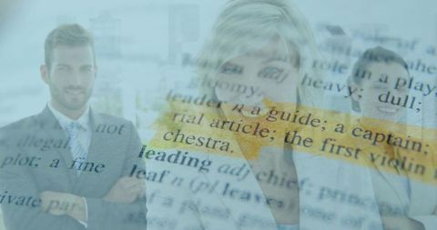 Senior female executive blending with dictionary text highlighting leader concept in corporate monta