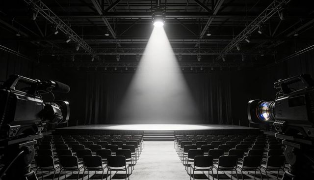 Spotlighting Circular Stage Illuminating Empty Black-Box Theater with Broadcast Cameras