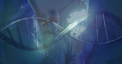 Surgeon performing high-tech surgery with dna helix overlay representing genomic medicine