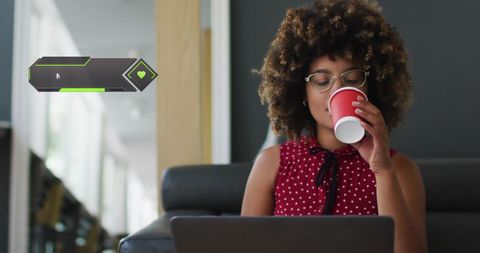 Woman Enjoying Coffee With Social Media Icons Overlay