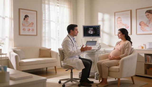 Doctor consulting pregnant woman during prenatal ultrasound with fetal sonography monitor