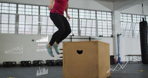 Female athlete performing plyo box jump in industrial gym with analytics overlays and kettlebells