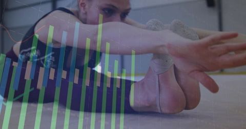 Dancer Stretching with Bar Chart Overlay Showing Performance Metrics