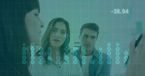 Team Collaborating on Data Analysis with Digital Overlay