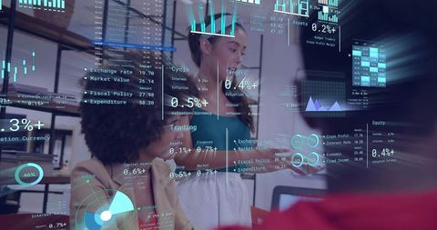 Korean woman presenting AR data dashboard to team in modern office workspace