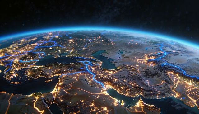 Nightside earth over middle east showing glowing city lights and neon trade corridors
