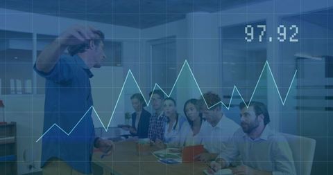 Executive presenting analytics to team while analyzing line graph and performance trends