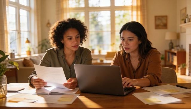 Two women collaborating on documents and laptop in warm home workspace