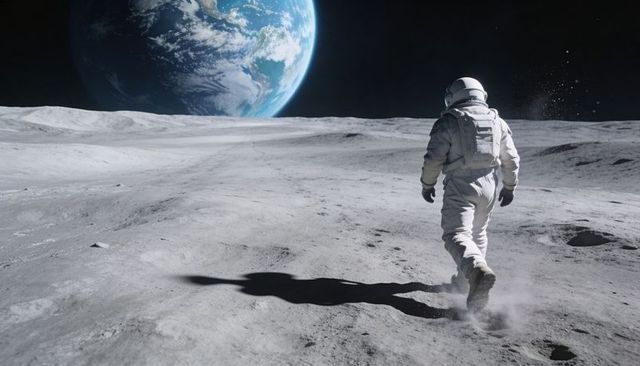 Walking astronaut on lunar surface with Earth rising over horizon, leaving footprints