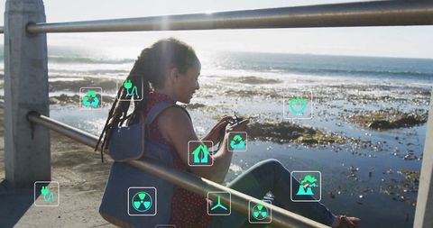 Eco-Conscious Woman at Seaside Embracing Sustainability Concepts