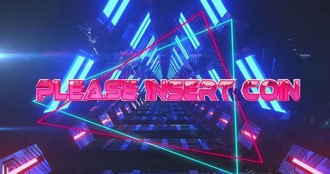 Retro futuristic digital tunnel with ‘please insert coin’ text