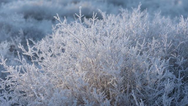 Glittering Hoarfrost Shrub Catching Low-Angle Morning Light in Frosty Meadow Landscape