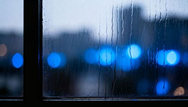 Rain-Streaked Window with Blue Bokeh Lights at Night