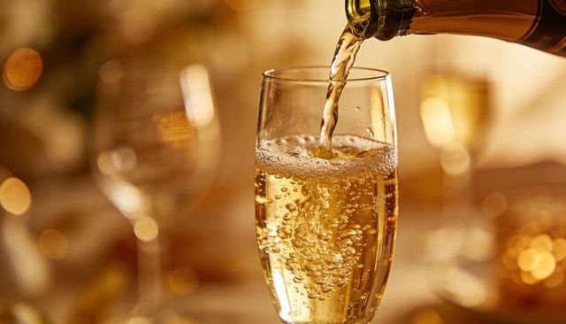 Champagne pouring into flute with bubbles and warm candlelight bokeh