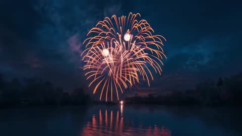Spectacular Fireworks Reflection Over Lake at Dusk