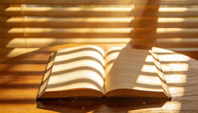 Open hardcover book soaking sunlight through blinds casting warm amber stripe shadows