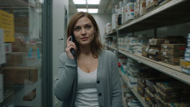 Supply clerk holding corded handset in pharmacy storeroom aisle managing stock