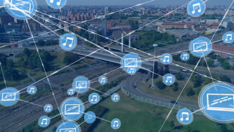 Digital Network of Music and Media Icons Floating Above Urban Cityscape