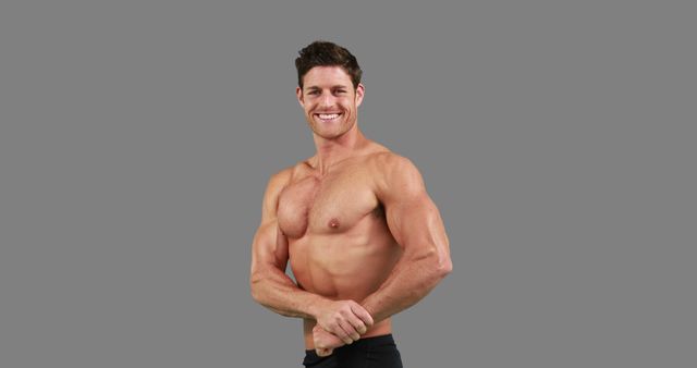 Fit Man Smiling Shirtless Flexing Muscles Arm Cross Outdoor Background - Download Free Stock Images Pikwizard.com