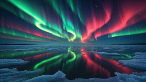 Majestic northern lights reflecting over frozen lake at night