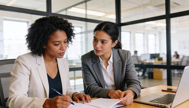 Two coworkers reviewing documents and collaborating at modern open-plan office desk