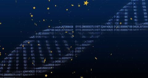 Curving numeric ribbon dotted with golden stars across deep navy gradient, data sky