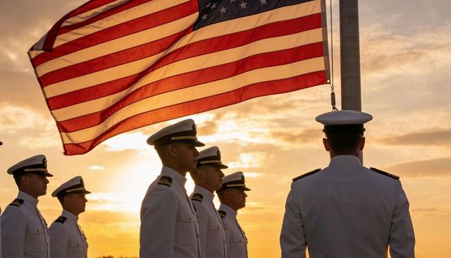 Naval officers standing in dress whites under billowing american flag at sunset ceremony