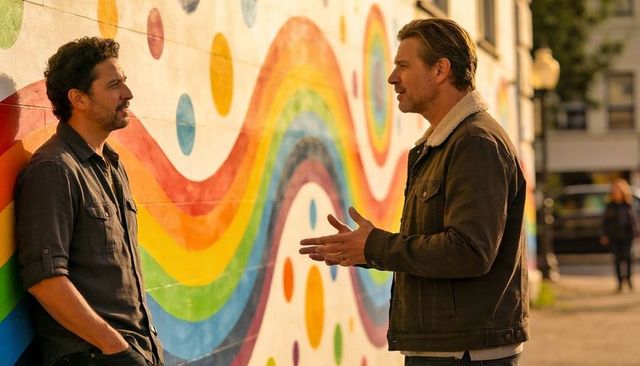 Two men talking beside colorful rainbow mural on urban sidewalk at golden hour