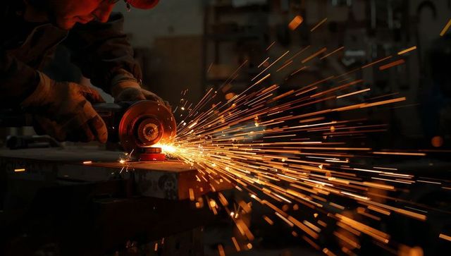 Fabricator using angle grinder sending dramatic sparks in dim industrial workshop