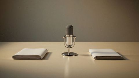 Vintage microphone with folded white sheets on neutral press release background