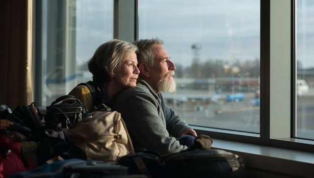 Senior couple waiting at airport terminal, gazing out window with packed luggage