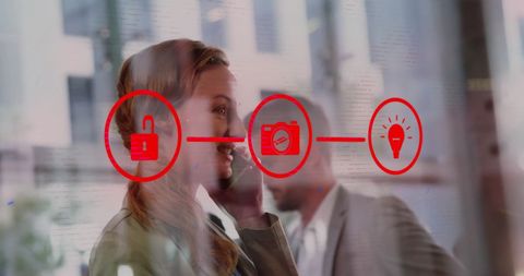 Caucasian Businesswoman Engaging in Digital Communication Overlay