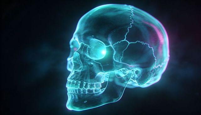 Translucent neon skull hologram featuring glowing orb eye and cyan magenta rim lighting