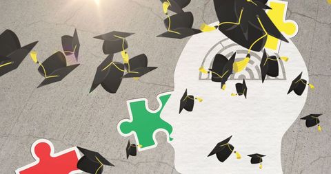 symbolic representation of overcoming learning difficulties related to autism through education, depicted by graduation caps and puzzle pieces falling. ideal for campaigns raising awareness about autism and educational support, articles on mental health, or guidance resources emphasizing achievements in educational goals despite challenges.