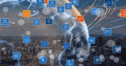 Digital Communication Icons Over Globe Representing Global Network - Download Free Stock Images Pikwizard.com