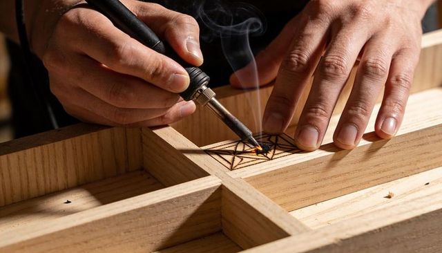 Crafting geometric star mandala with pyrography tool on wooden box for rustic home decor