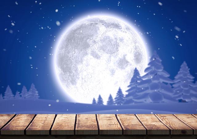 Wooden plank in foreground with full moon and snow forest in the background. Snowflakes falling gently in nighttime winter scene. Ideal for holiday greetings, seasonal backgrounds, and winter-themed projects.