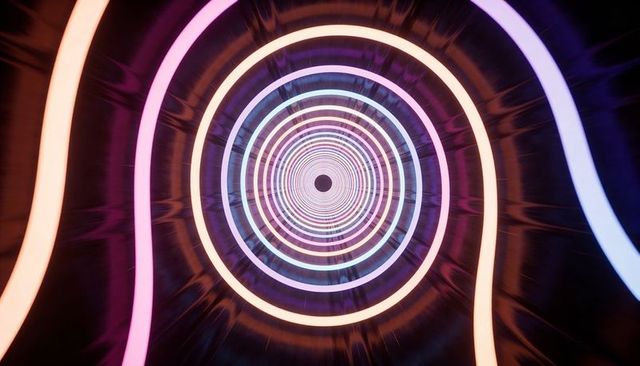 Glowing neon concentric tunnel drawing eye into hypnotic futuristic geometric vortex